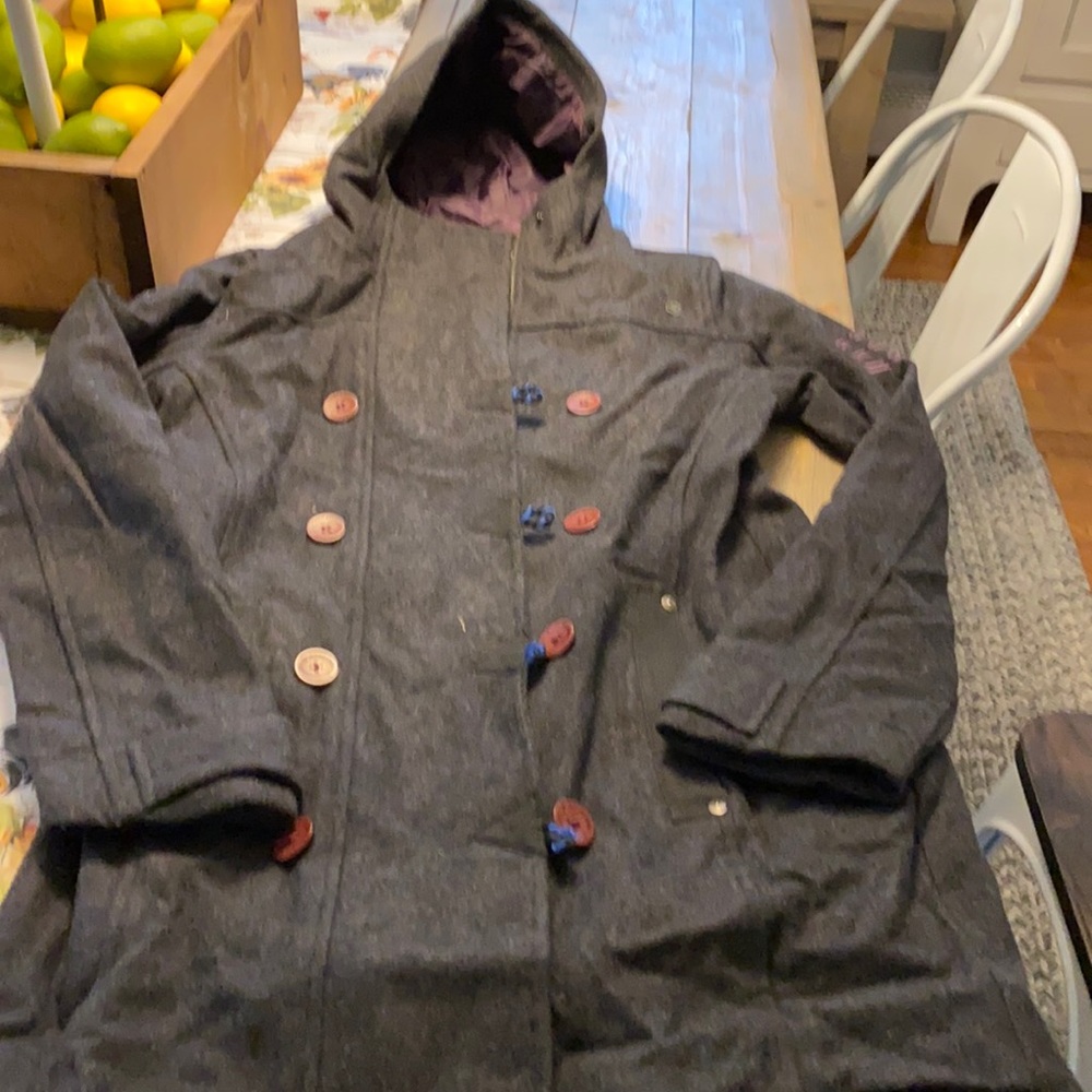 Planet earth size small gray wool coat with hood no rips or tears